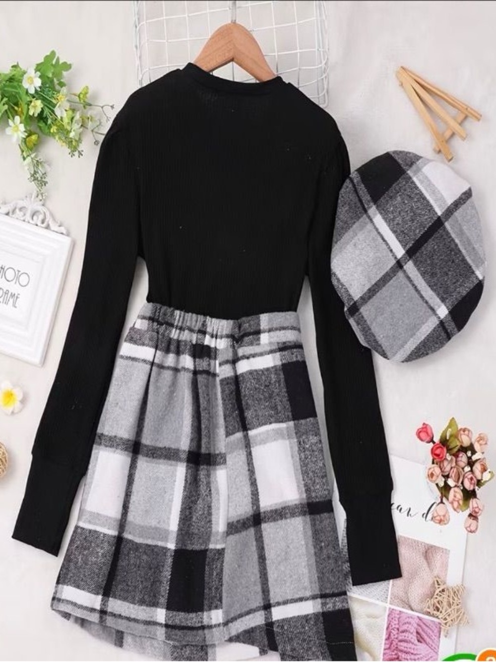 Three Piece Plaid Skirt Long Sleeve Ribbed Top Outfit GIRLS US Size 10Y Hat